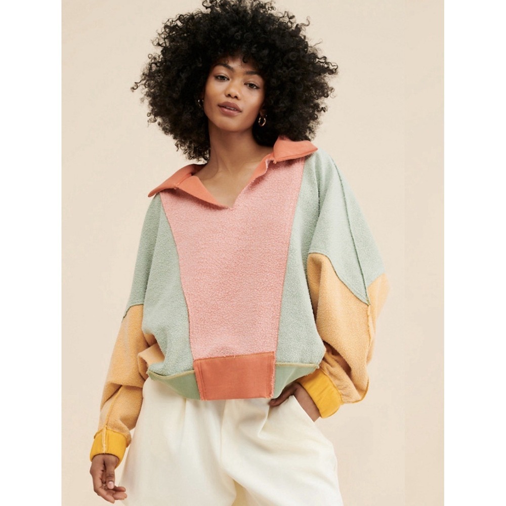 Free People Sidewalk Sweatshirt Women's Size XS Color Block Terry Knit Oversized